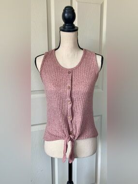 Sleeveless Button-Front Crop Top Tank w/ Front Tie @ Waist: Dusty Rose, Sz. L